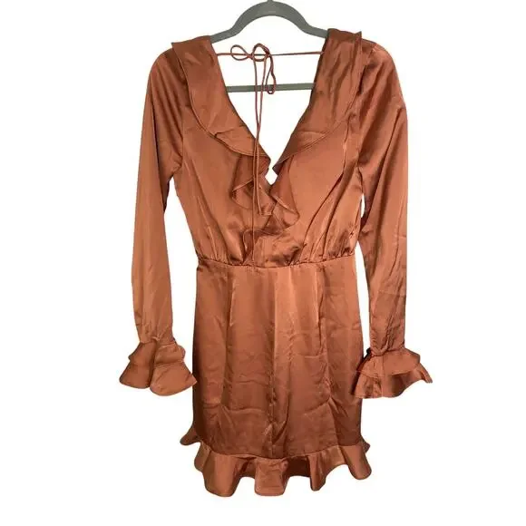 MAJORELLE Nelly Mini Dress Surplice Shirred Ruffle Detail Terracotta Brown Small
